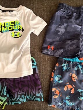 Under Armour White Rash Guard with Neon Logo & Blue/Orange Swim Shorts Set